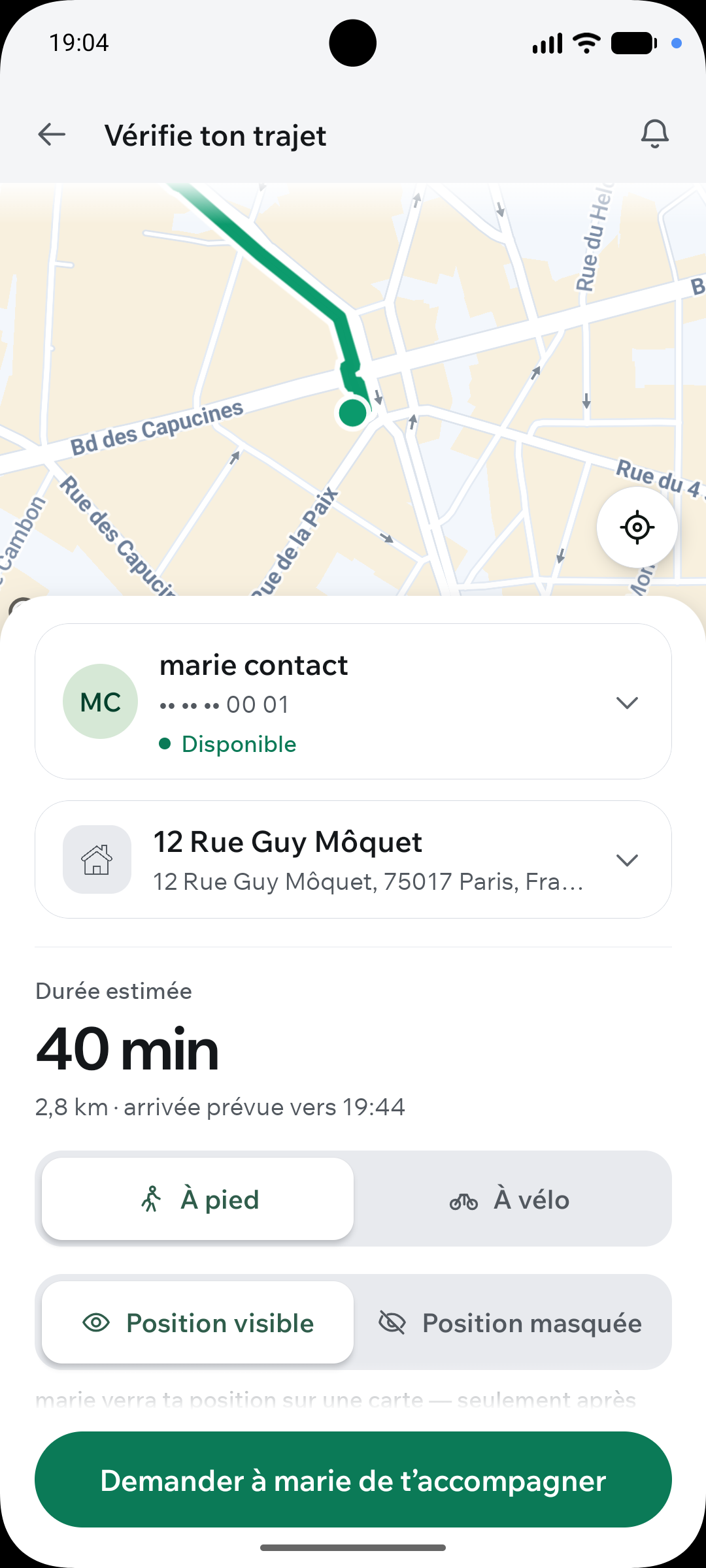 Le trajet vérifié en thème clair, tel qu’on le lit en plein jour.